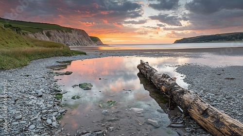 Coastal sunset, tranquil scene, dramatic sky reflecting on water