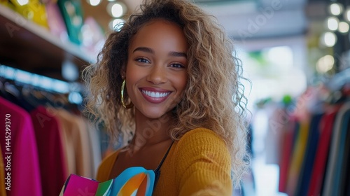 Happy woman enjoying shopping in a colorful boutique, smiling while holding a vibrant shopping bag, stylish clothing around her.