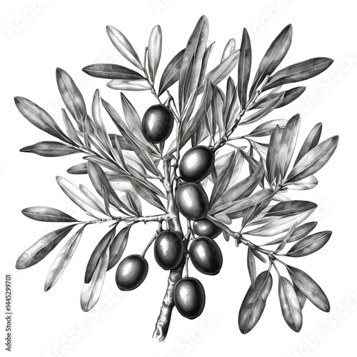 Monochrome Olive Branch with Ripe Olives