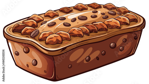 Banana bread loaf topped and filled with chocolate chips.
Balanced tones of brown, soft and appetizing.
Crumbly edges meet a moist, rich core.
Perfect as a vector, isolated with transparent ease.

