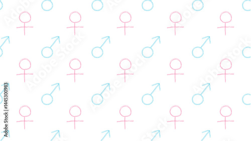 白い下地にピンクと水色の性別マークのパターン背景イラスト。シームレスなベクターの4Kイラスト素材
