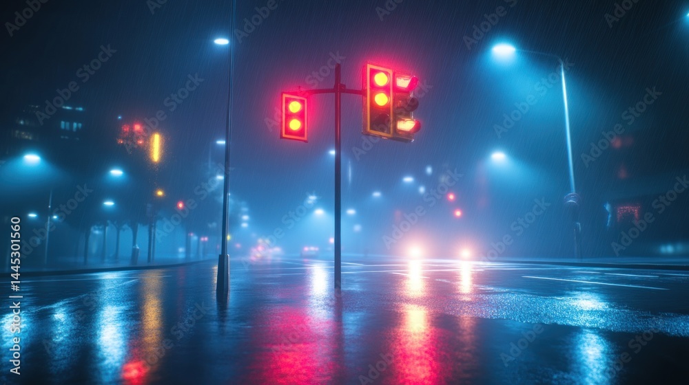 Obraz premium Foggy city street night traffic light reflection