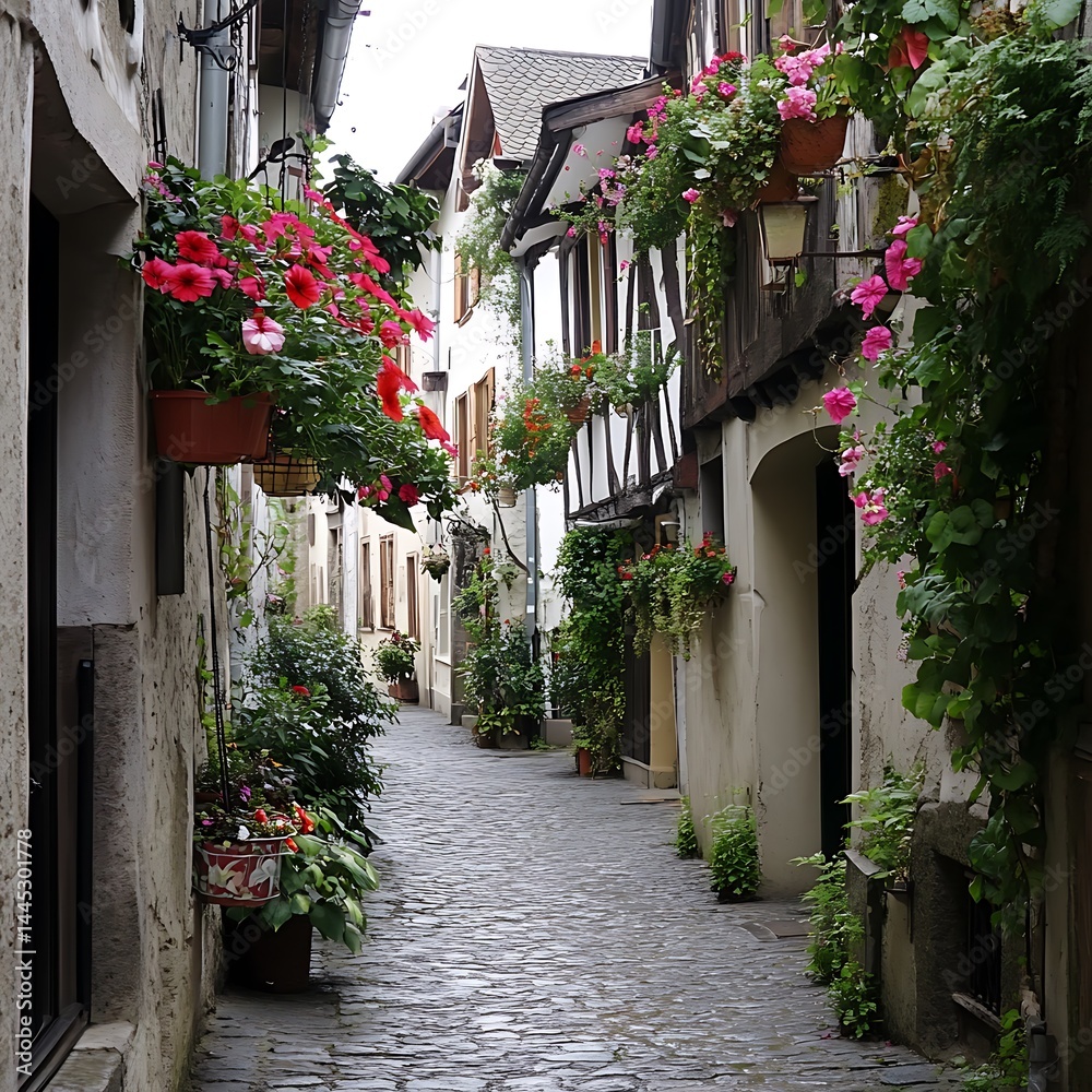 Fototapeta premium Charming cobblestone alley adorned with vibrant flowers in a picturesque village setting