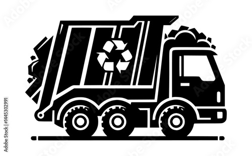 Twelve Wheel Garbage Truck Vector in Black on White