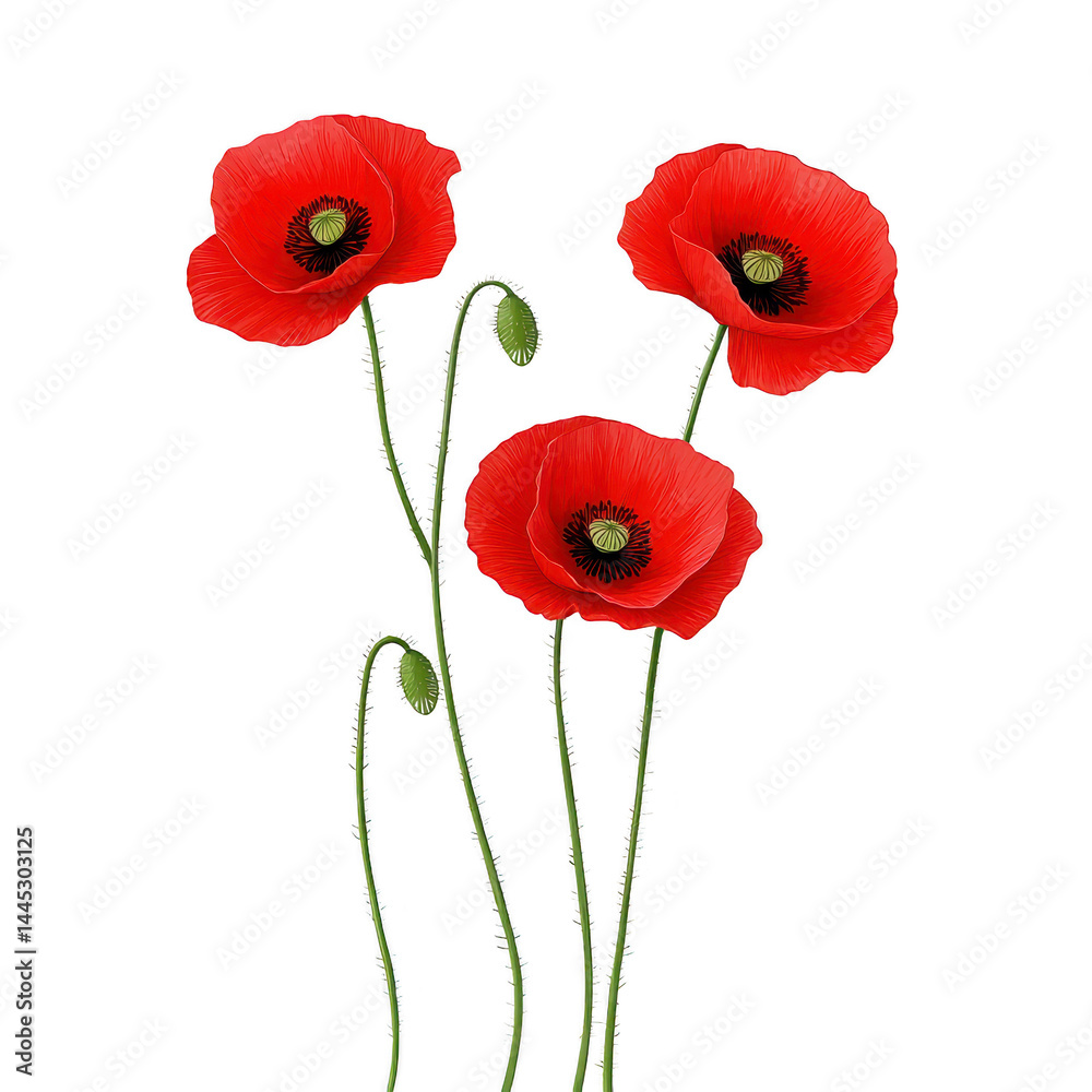 Obraz premium Three vibrant red poppies with delicate green stems and buds stand gracefully against plain background, showcasing their natural beauty and elegance