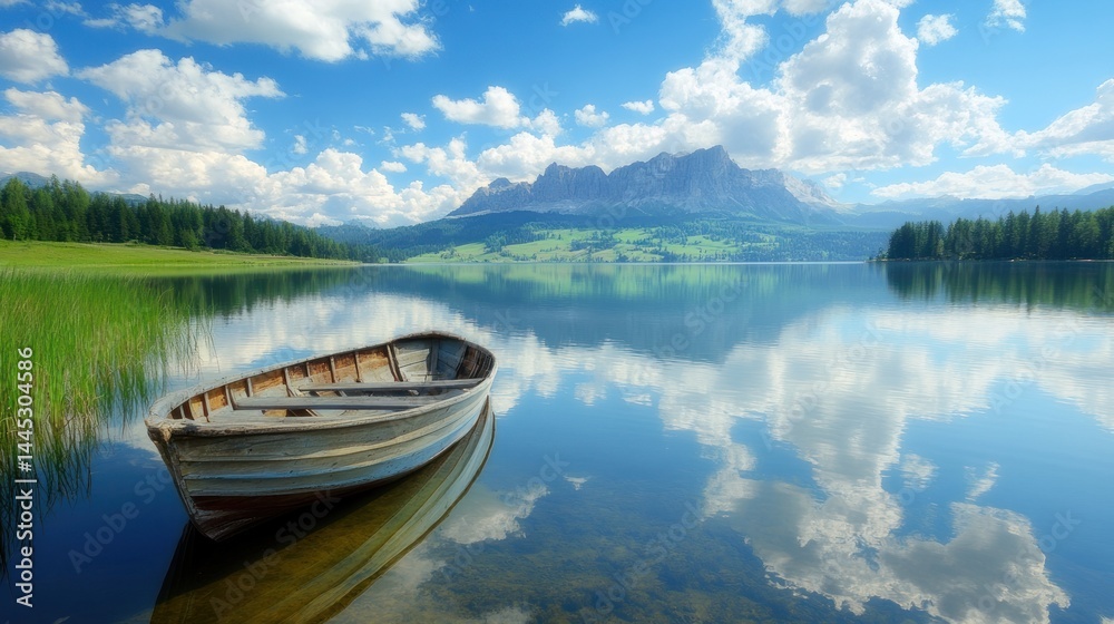 Calm lake, rowboat, mountain view, summer Calm lake, rowboat, mountain view, summer