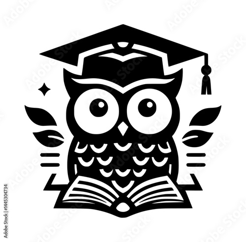owl with graduation hat and paper icon logo black color vector white background