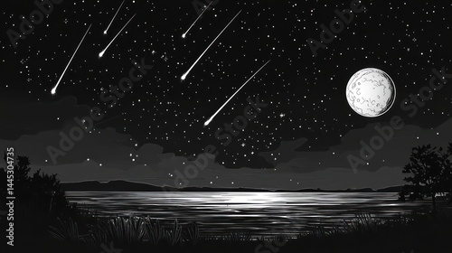 Night sky over lake with meteors. Possible use Stock photo for nature, astronomy, or background