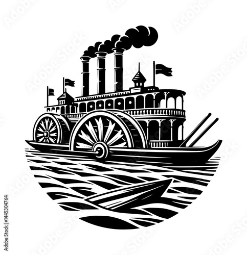 paddlewheel steamer vintage vector logo black color white background
