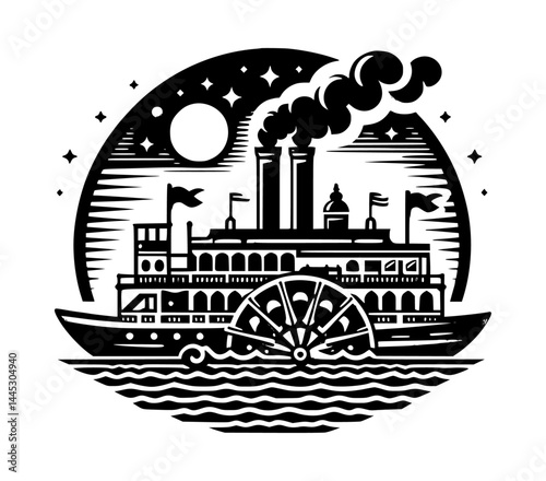 paddlewheel steamer flat design vector logo black color white background