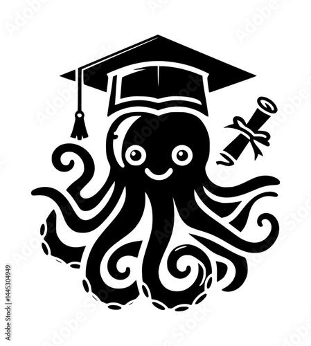 Octopus With Graduation Hat and Paper Icon Logo