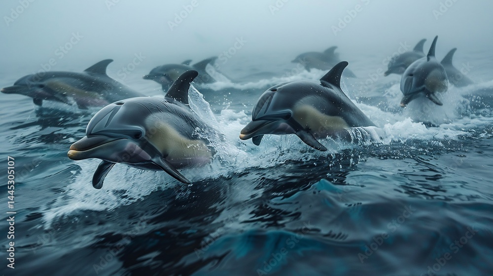 Fototapeta premium mist A school of dolphins moving gracefully in the open sea during a soft early morning