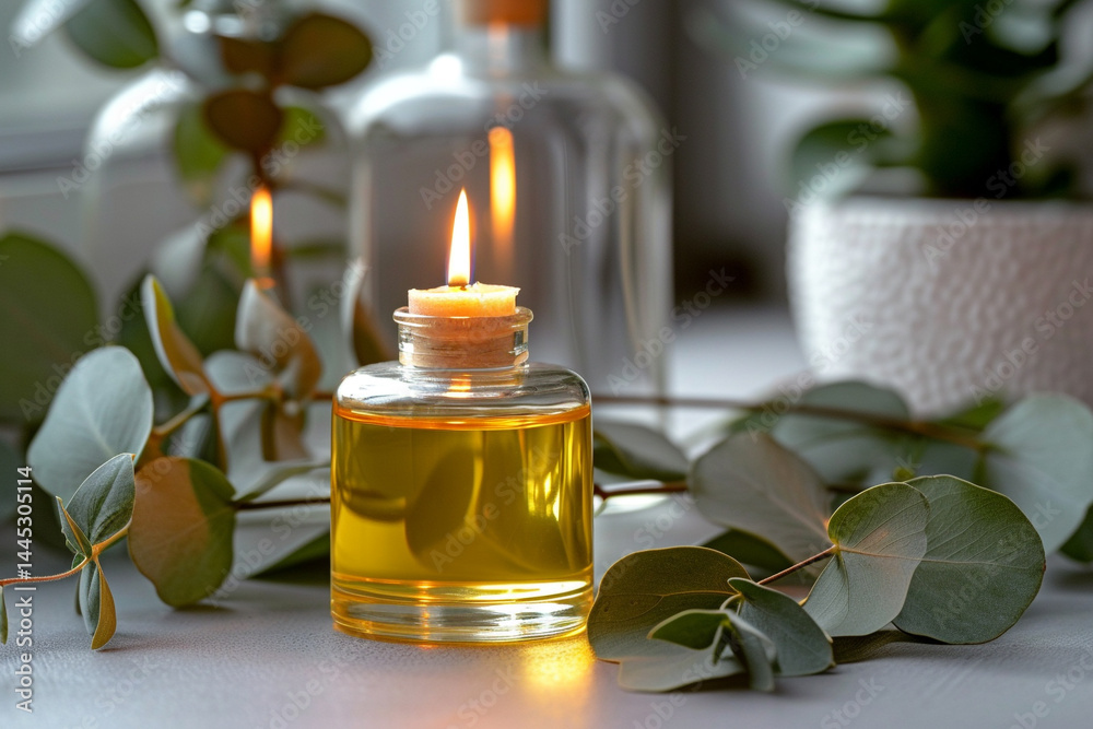 A combination of a bottle of natural cosmetic oil, an aroma candle, and eucalyptus leaves creates a soothing and aromatic ambiance for relaxation and self care A combination of a bottle of natural cosmetic oil, an aroma candle, and eucalyptus leaves creates a soothing and aromatic ambiance for relaxation and self care
