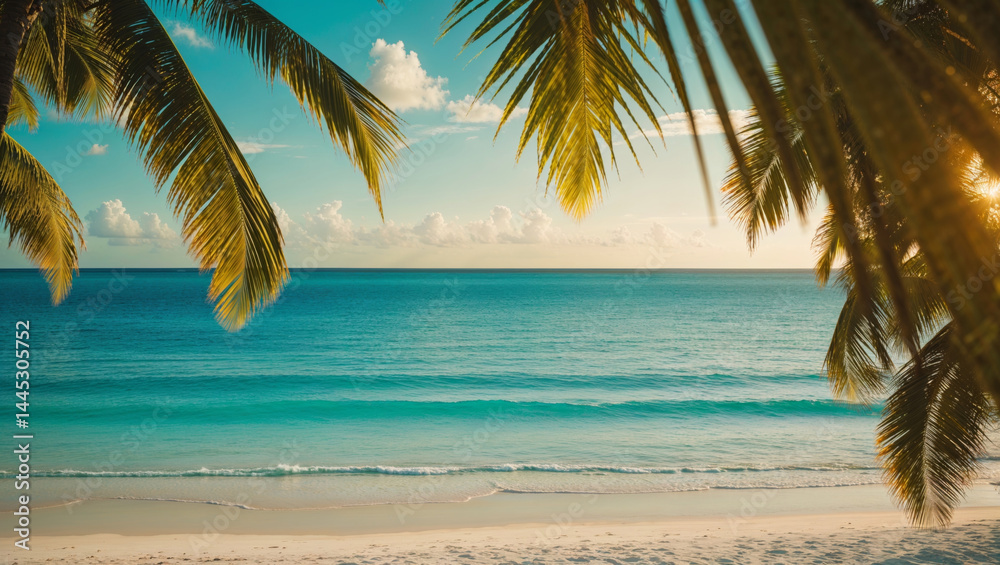 Fototapeta premium Stunning beach scene with crystal clear water, palm trees, and a tranquil, inviting vibe.