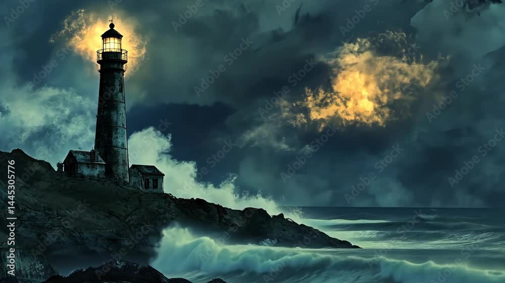 Spectacular lighthouse lightning amidst roaring ocean waves and dramatic skies Spectacular lighthouse lightning amidst roaring ocean waves and dramatic skies