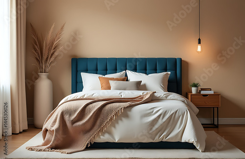 A bedroom space featuring earthy tones, a textured blue headboard, and soft textiles creates a cozy inviting atmosphere._00001_