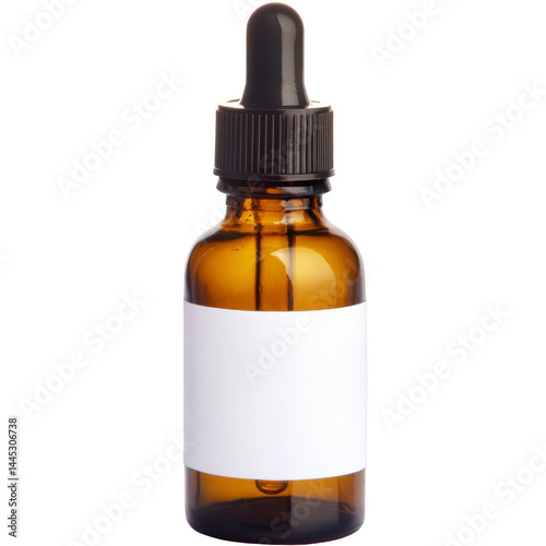 Brown glass dropper bottle with blank white label, featuring black rubber dropper cap, is isolated on transparency background. bottle is commonly used for essential oils, serums, or tinctures
