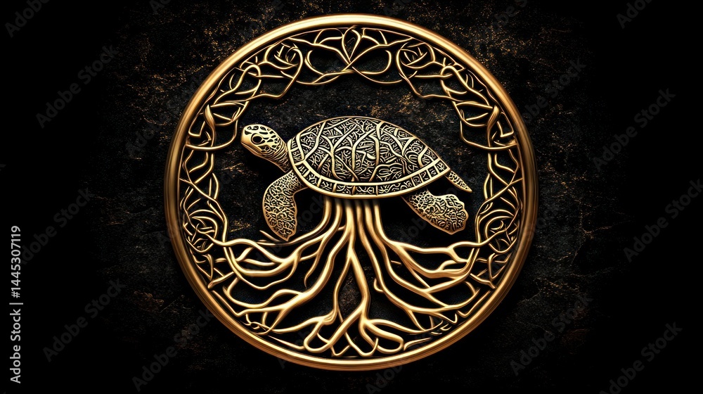 Golden turtle, tree roots, dark background, Celtic design, logo Golden turtle, tree roots, dark background, Celtic design, logo