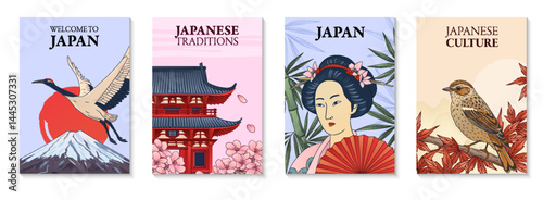 Vintage japanese Culture Vertical Banner Set