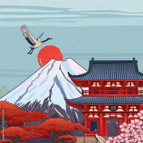 Vintage Japanese Mont Fuji and Pagoda Illustration