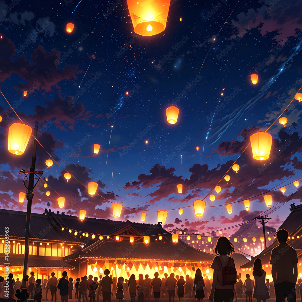 Fototapeta premium Anime Night Festival with Floating Lanterns and Starry Sky