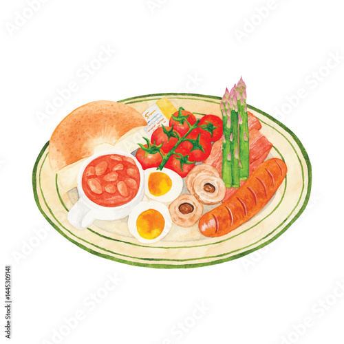 Watercolor illustration of a full English breakfast with bagel, eggs, sausage, beans, toast, and vegetables. Ideal for cafe menus, food labels, restaurant banners, and breakfast packaging designs.