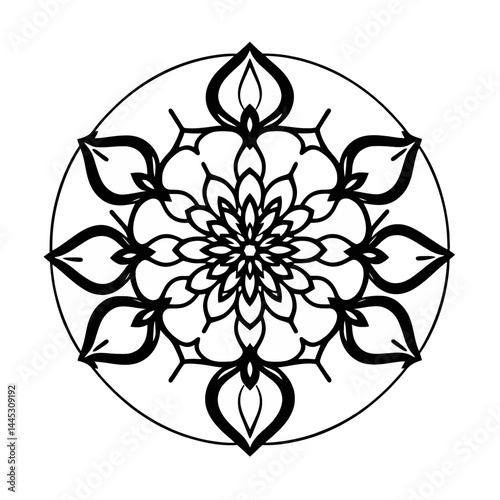 Black and white floral mandala design intricate decorative pattern for coloring page art therapy relaxation