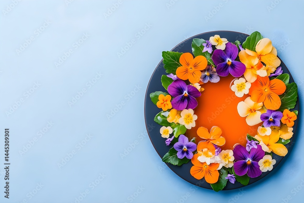 A beautifully crafted Japanese cake topped with delicate edible flowers, featuring a glossy finish that highlights its elegance and refined presentation.