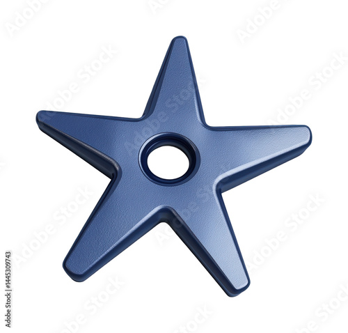 Metallic blue star-shaped industrial component with central hole