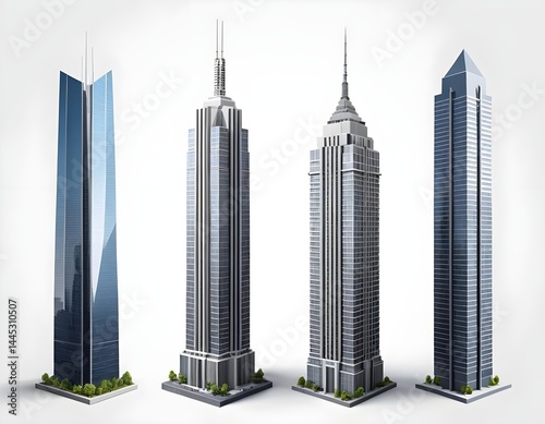Four Modern Skyscrapers, Architectural Models, Cityscape
