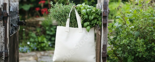 A canvas tote bag packed with fresh herbs, leaning against a rustic garden gate