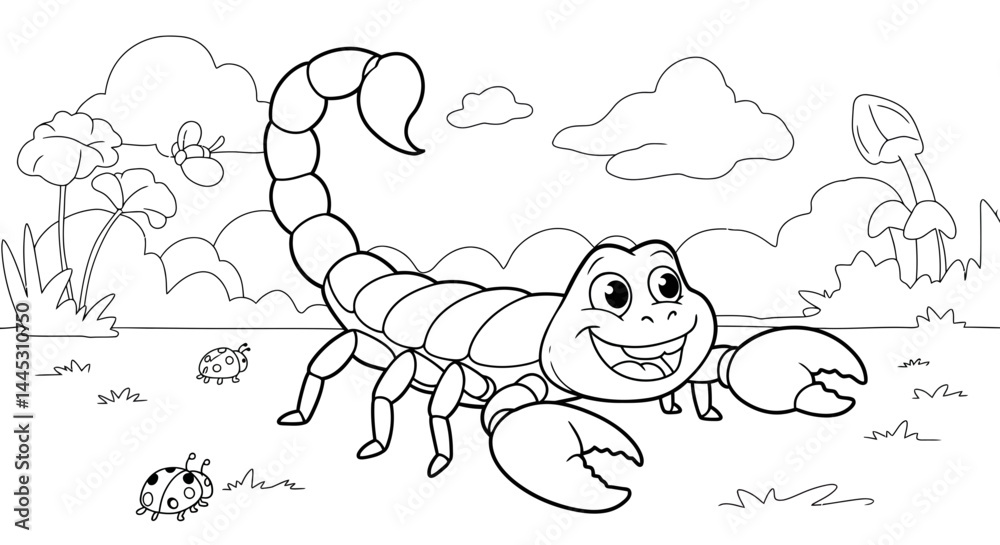 Fototapeta premium Funny Playful Scorpion Bug Cartoon Character Coloring Page for Children Activity