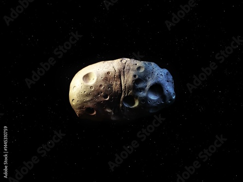 Asteroid with craters isolated on a black background. Surface of the meteorite, dangerous cosmic stone.