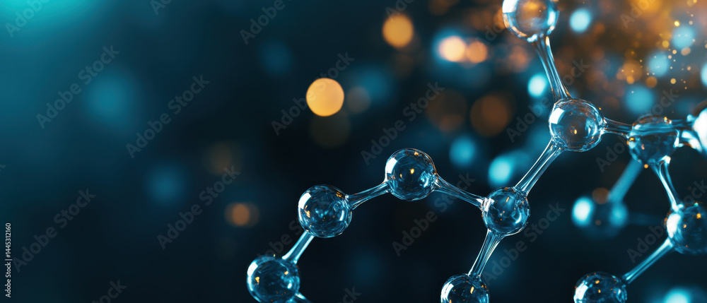 Molecule structure with connected transparent spheres and glowing particles, representing scientific and chemical concepts in futuristic style Molecule structure with connected transparent spheres and glowing particles, representing scientific and chemical concepts in futuristic style