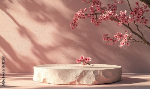 Pink Podium with Sakura Branch for Spring Cosmetic Display. AI generated illustration.