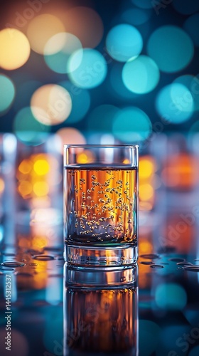 Cocktail in a shot glass, vibrant bokeh background