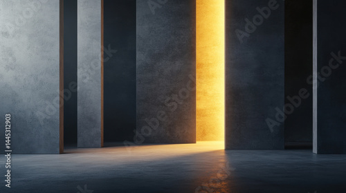 Conceptual and uplifting background showing dark concrete room with tall walls and bright golden light shining through narrow open door, creating hopeful atmosphere