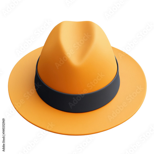 Fashionable yellow fedora hat studio product photography close-up. Isolated on transparent background, png.