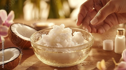 Coconut oil in a bowl, being dispensed by a hand
