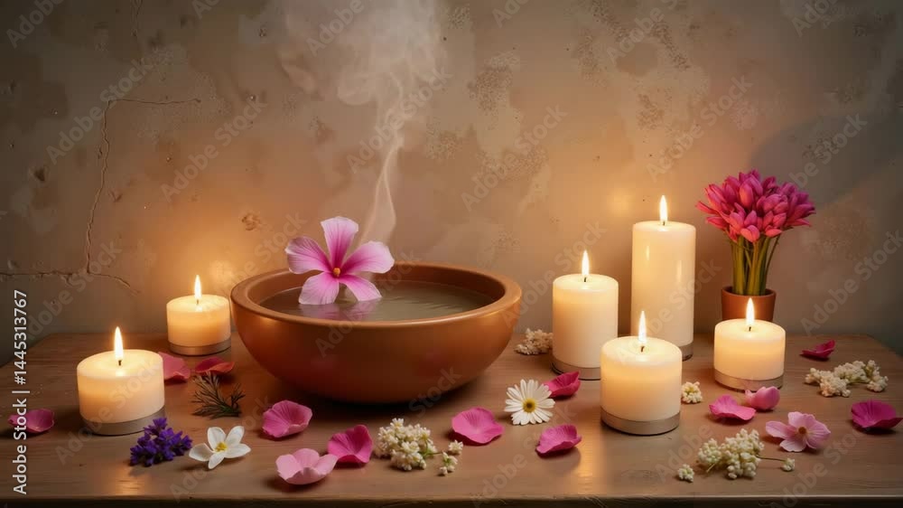Serene spa setting with candles and flowers in warm tones Serene spa setting with candles and flowers in warm tones