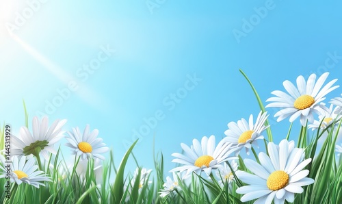 White Daisies in Grass with Blue Sky Background. AI generated illustration. photo