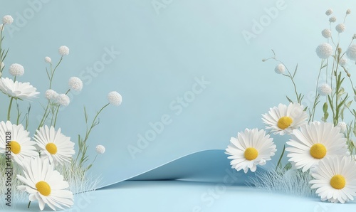White Daisies in Grass with Blue Sky Background. AI generated illustration. photo