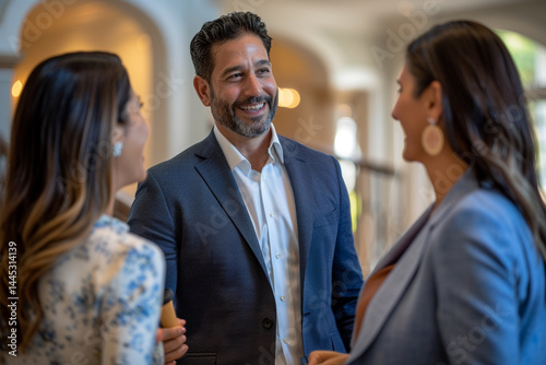 A dashing and well dressed real estate agent expertly guides potential buyers through a stunning luxury home, showcasing endless possibilities of investing in their dream property and achieving ultima
