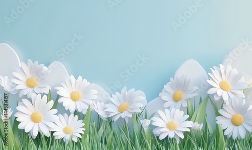 White Daisies in Grass with Blue Sky Background. AI generated illustration. photo