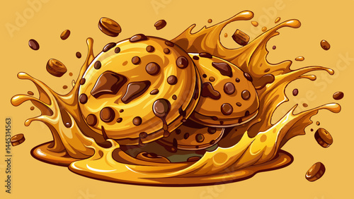 Golden chocolate chip cookies diving into thick melted chocolate.
Crumbs and cocoa splashes frozen in a delicious moment.
Rich, gooey motion adds drama and sweetness.
Perfect for playful food illustra