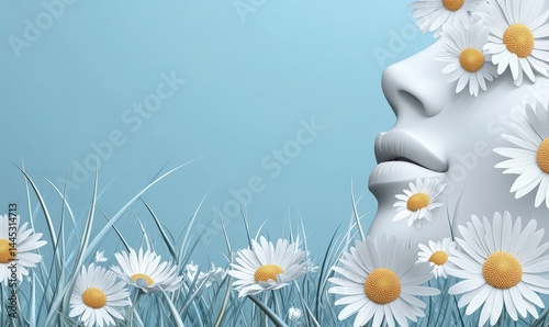 White Daisies in Grass with Blue Sky Background. AI generated illustration. photo