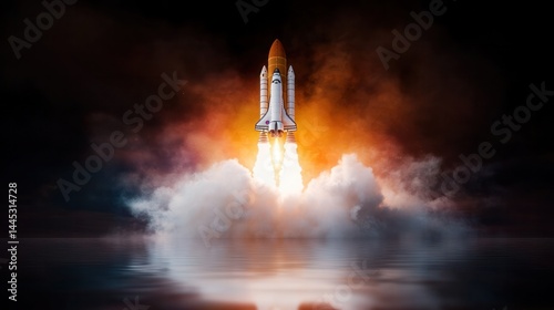 Blast off: A powerful rocket ship ignites, launching from a reflective surface into a fiery, smoke-filled atmosphere. The scene exudes energy, ambition, and exploration.