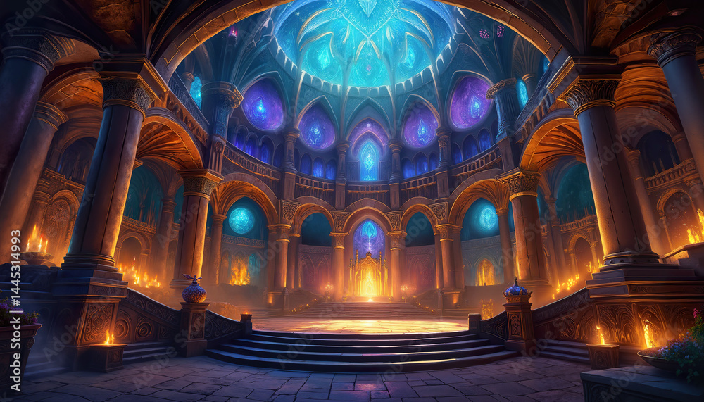 Obraz premium Illustration of Majestic fantasy palace interior with glowing blue dome, arched windows and fiery torches. Concept of magical realm, ethereal architecture, mystical grandeur and dreamlike space