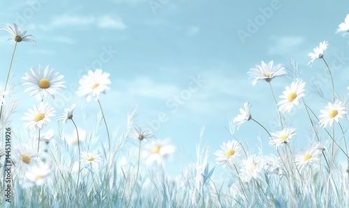 White Daisies in Grass with Blue Sky Background. AI generated illustration. photo