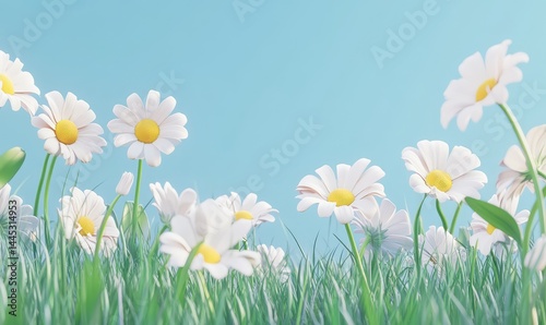 White Daisies in Grass with Blue Sky Background. AI generated illustration. photo